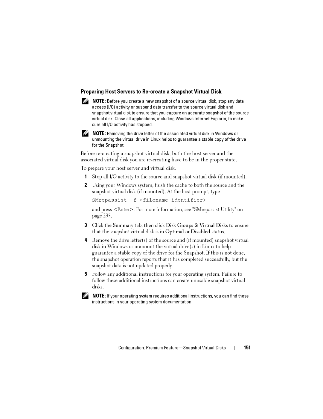 Dell MD3220, MD3200 owner manual Preparing Host Servers to Re-create a Snapshot Virtual Disk, 151 