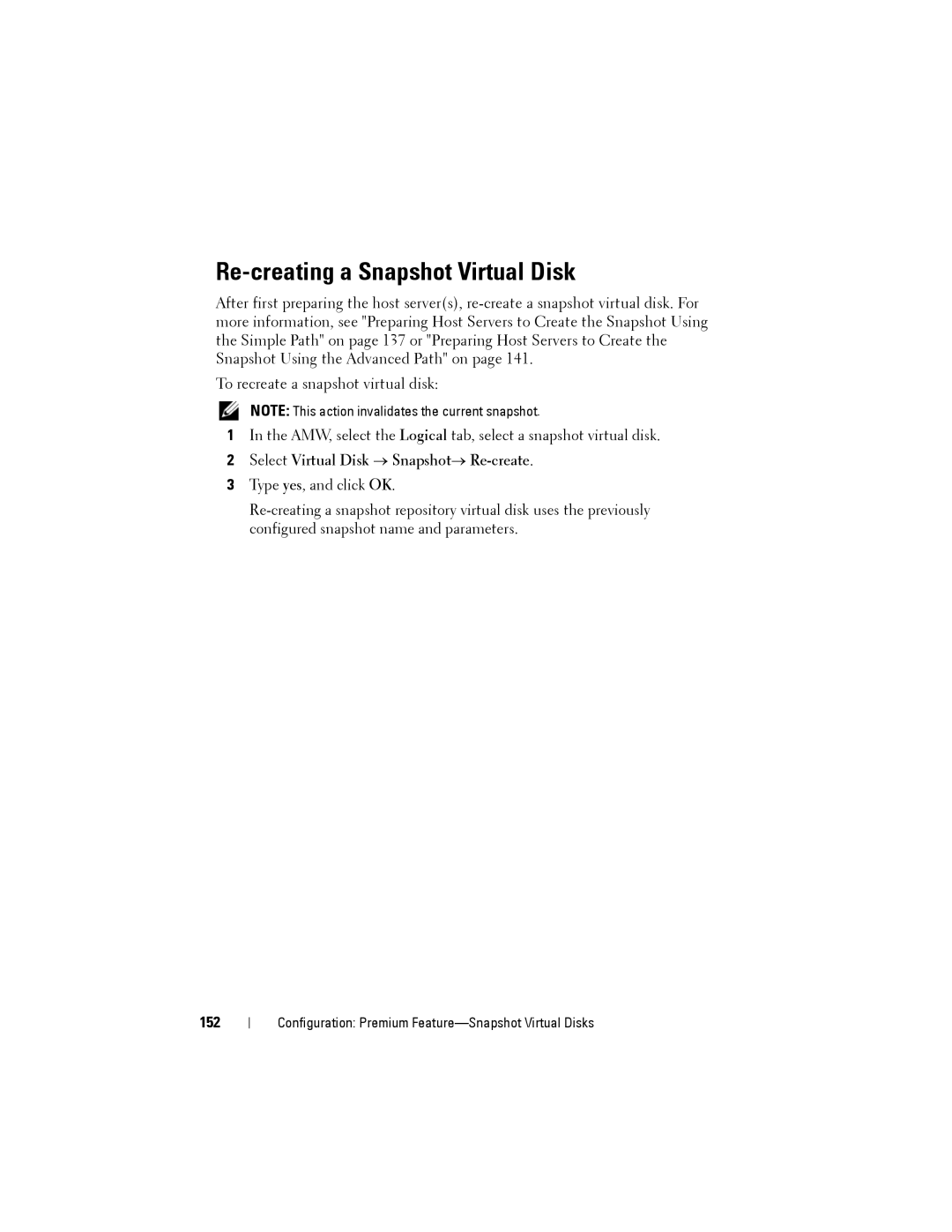 Dell MD3200, MD3220 owner manual Re-creating a Snapshot Virtual Disk, Select Virtual Disk → Snapshot→ Re-create, 152 