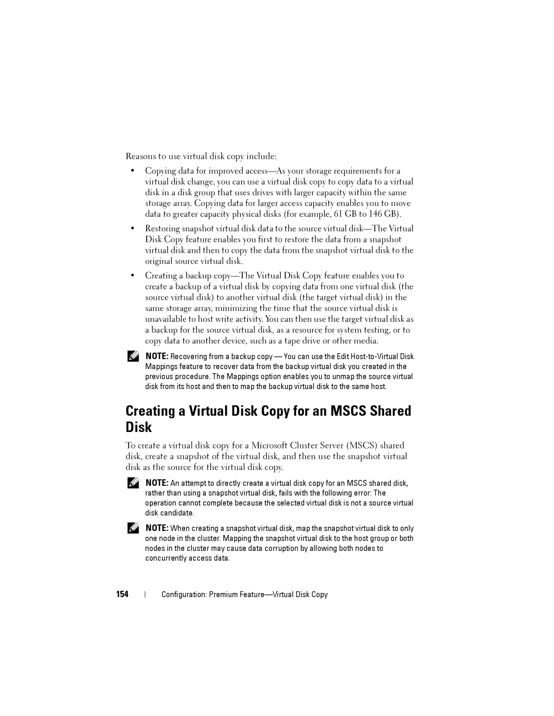 Dell MD3200, MD3220 owner manual Creating a Virtual Disk Copy for an Mscs Shared Disk, 154 