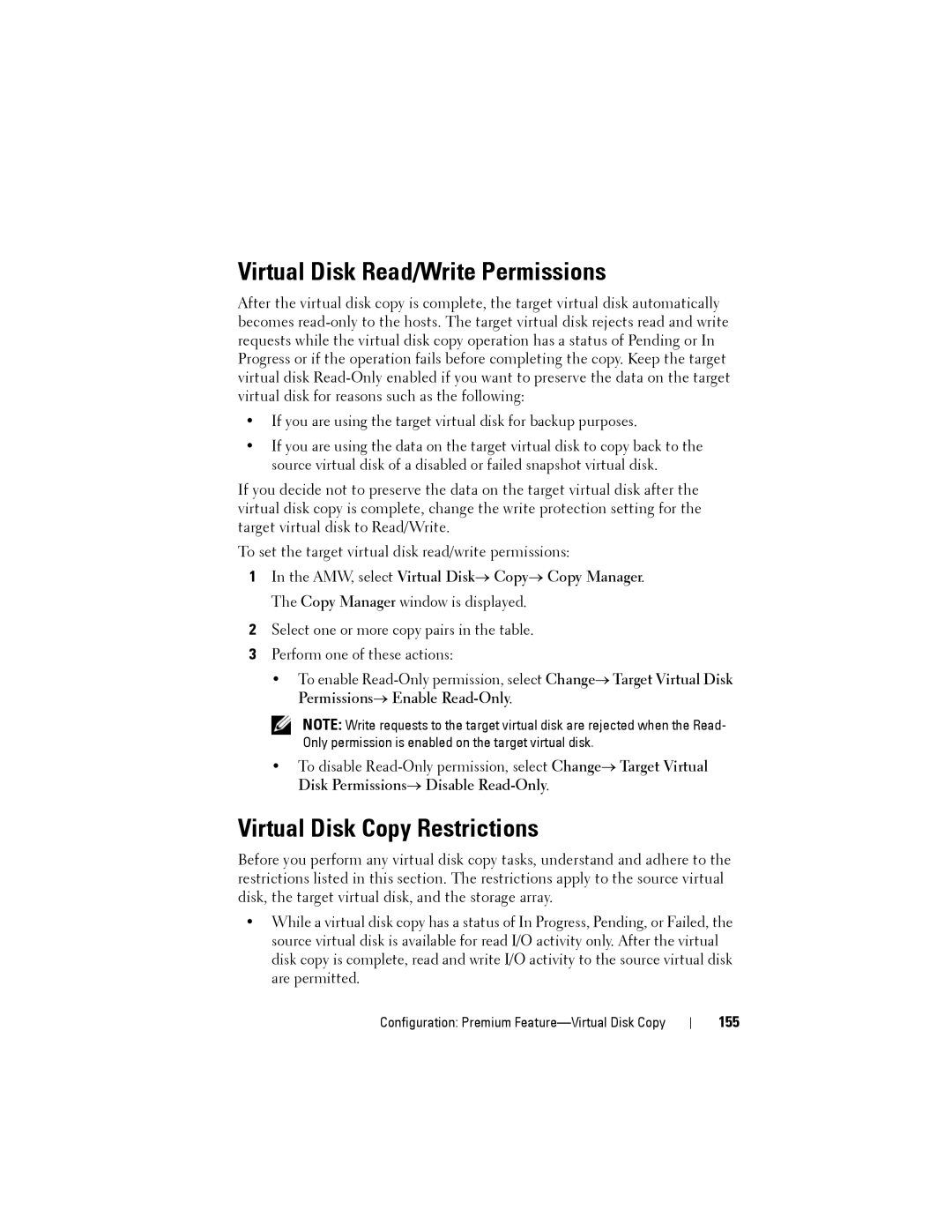 Dell MD3220, MD3200 owner manual Virtual Disk Read/Write Permissions, Virtual Disk Copy Restrictions, 155 