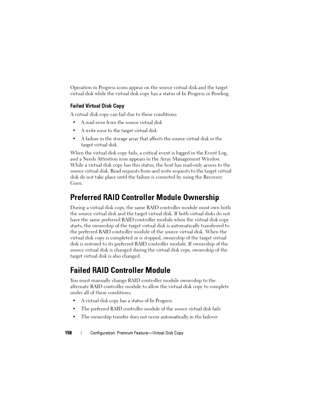 Dell MD3200 Preferred RAID Controller Module Ownership, Failed RAID Controller Module, Failed Virtual Disk Copy, 158 