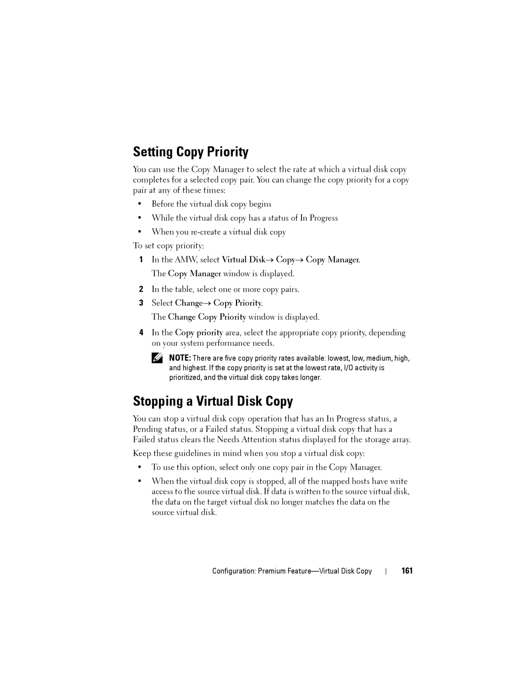 Dell MD3220, MD3200 owner manual Setting Copy Priority, Stopping a Virtual Disk Copy, Select Change→ Copy Priority, 161 