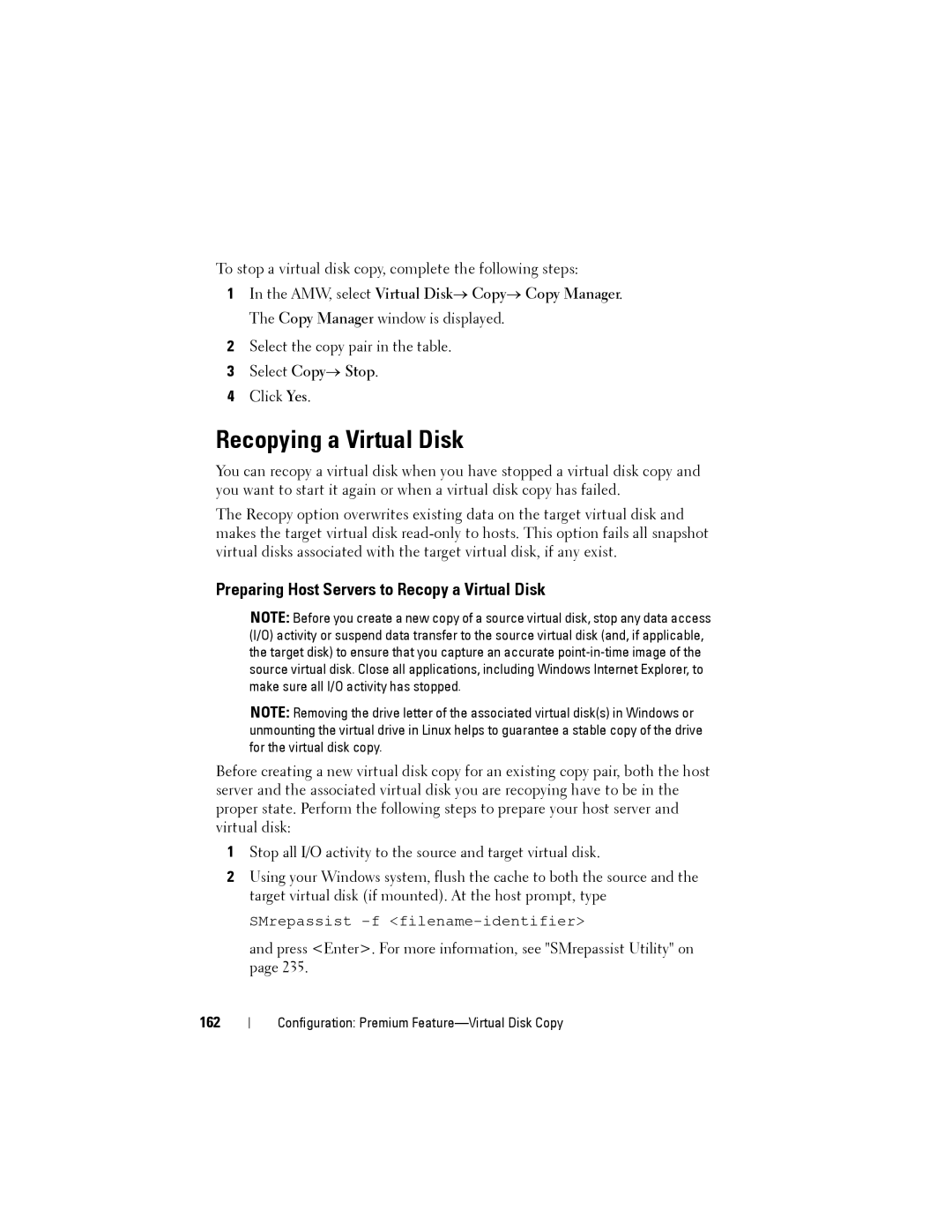 Dell MD3200, MD3220 owner manual Recopying a Virtual Disk, Preparing Host Servers to Recopy a Virtual Disk, 162 