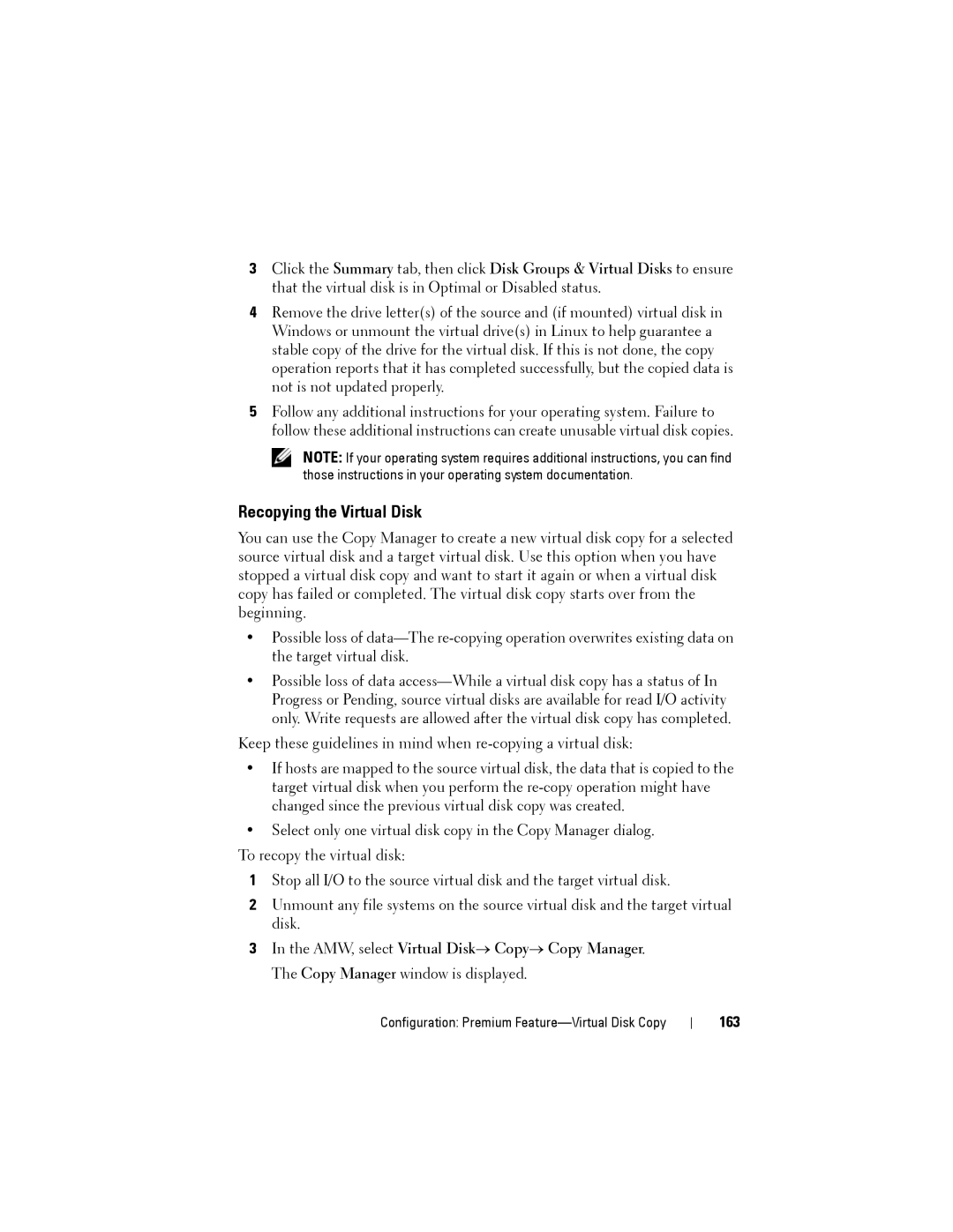 Dell MD3220, MD3200 owner manual Recopying the Virtual Disk, 163 