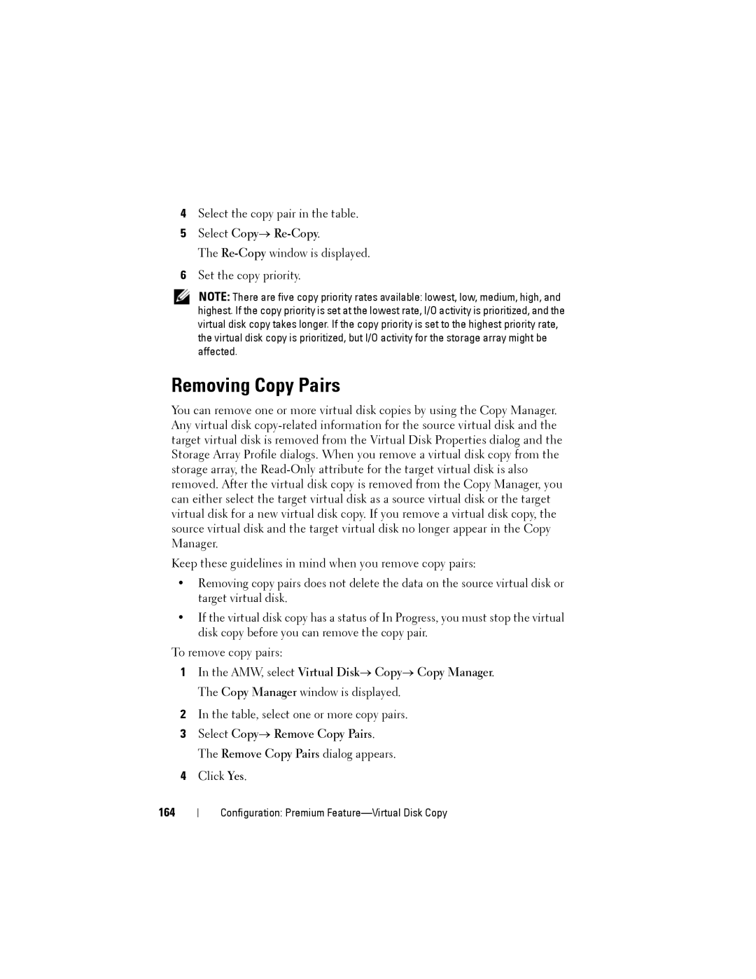 Dell MD3200, MD3220 owner manual Removing Copy Pairs, Select Copy→ Re-Copy, 164 