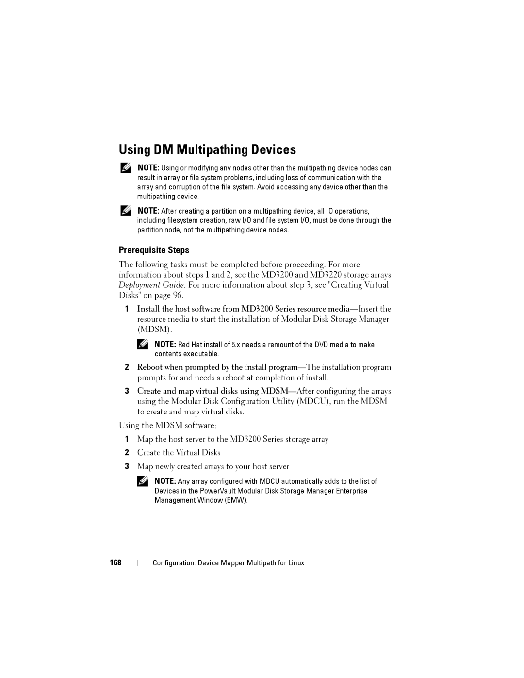 Dell MD3200, MD3220 owner manual Using DM Multipathing Devices, Prerequisite Steps, 168 