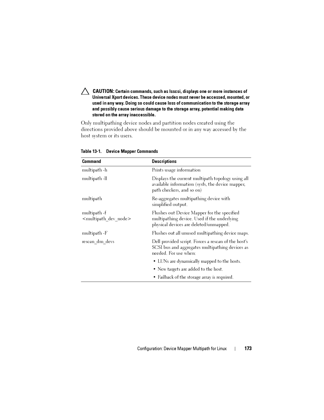 Dell MD3220, MD3200 owner manual 173, Device Mapper Commands Descriptions 