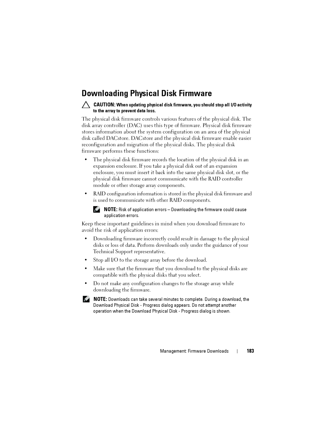 Dell MD3220, MD3200 owner manual Downloading Physical Disk Firmware, 183 