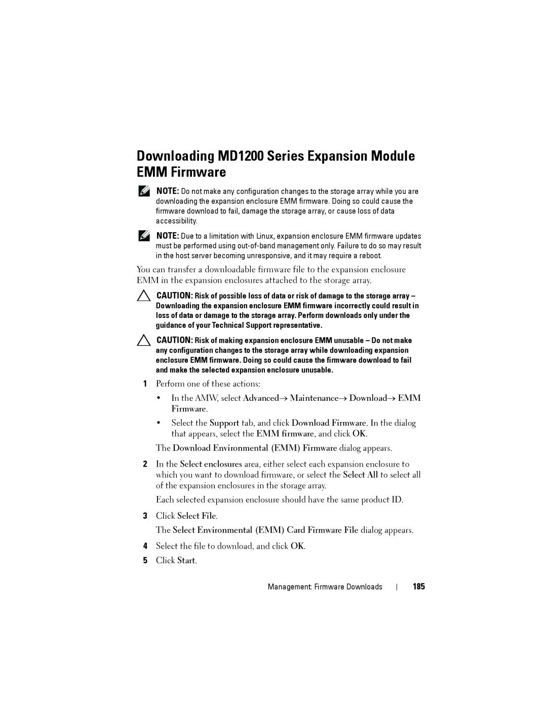 Dell MD3220 Downloading MD1200 Series Expansion Module EMM Firmware, Download Environmental EMM Firmware dialog appears 