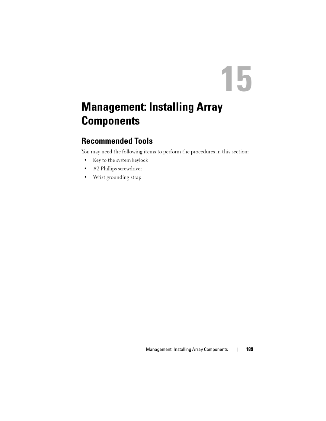 Dell MD3220, MD3200 owner manual Management Installing Array Components, Recommended Tools, 189 