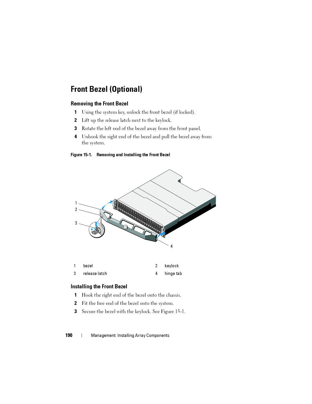 Dell MD3200, MD3220 owner manual Front Bezel Optional, Removing the Front Bezel, Installing the Front Bezel, 190 