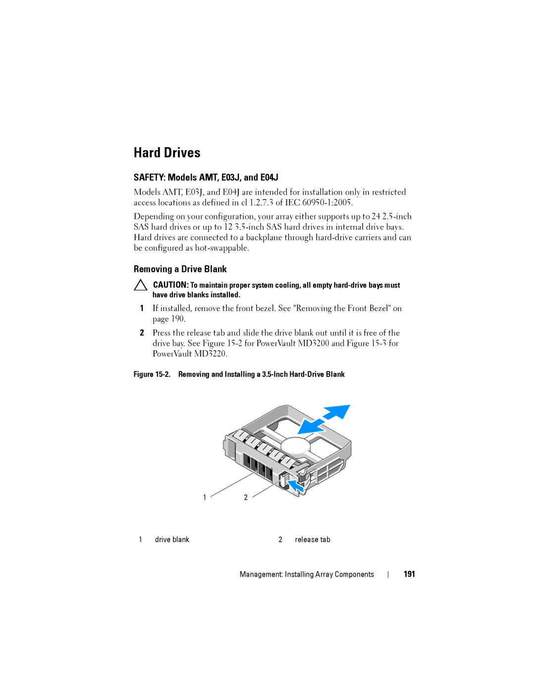 Dell MD3220, MD3200 owner manual Hard Drives, Safety Models AMT, E03J, and E04J, Removing a Drive Blank, 191 