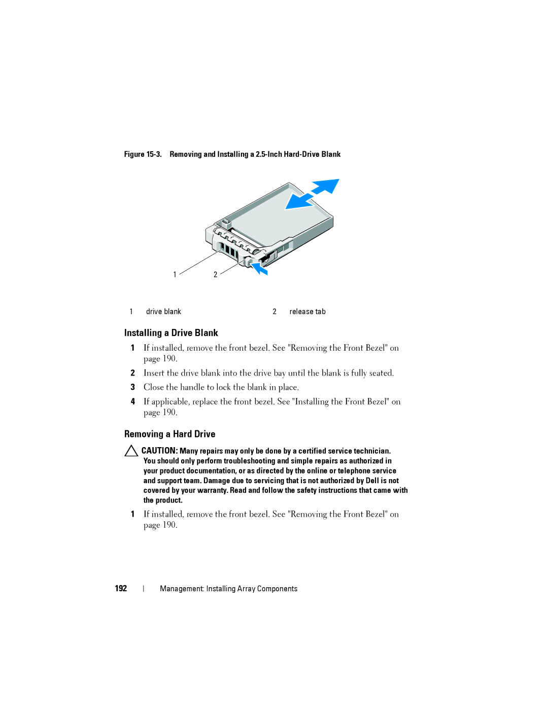 Dell MD3200, MD3220 owner manual Installing a Drive Blank, Removing a Hard Drive, 192 