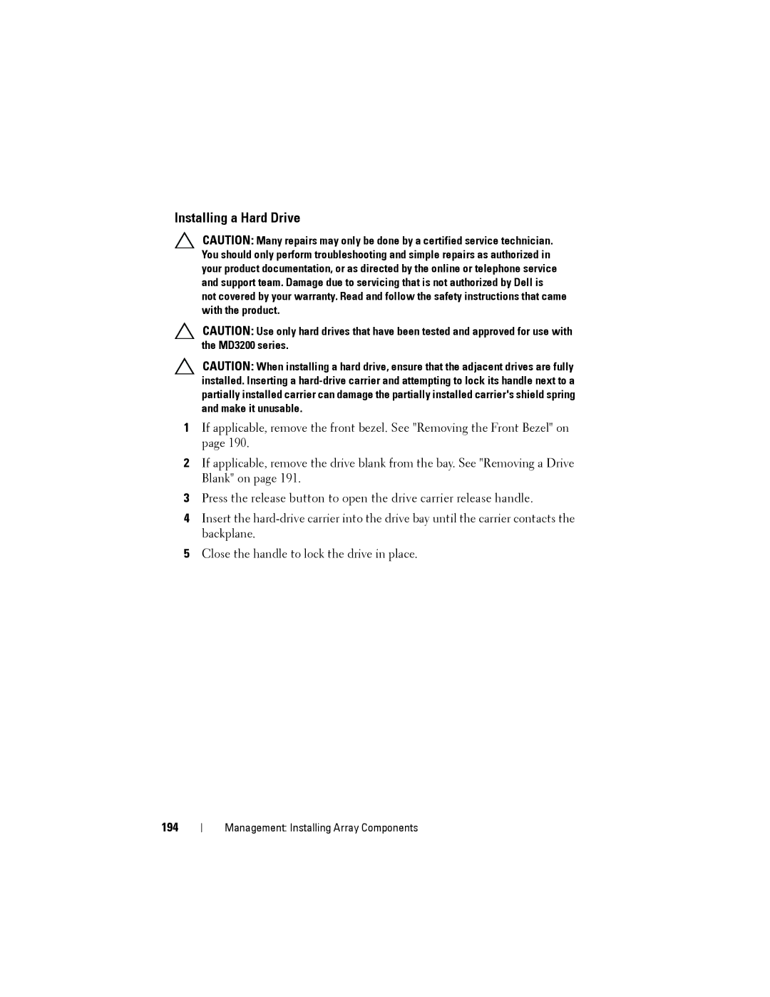 Dell MD3200, MD3220 owner manual Installing a Hard Drive, 194 