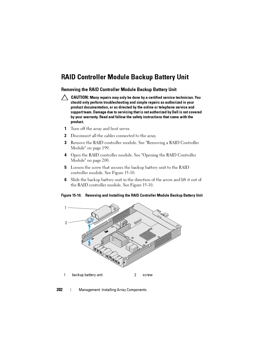 Dell MD3200, MD3220 owner manual Removing the RAID Controller Module Backup Battery Unit, 202 