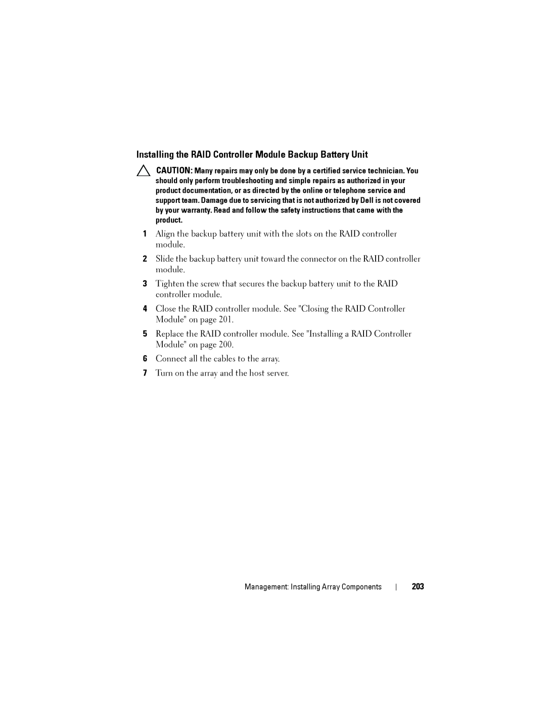 Dell MD3220, MD3200 owner manual Installing the RAID Controller Module Backup Battery Unit, 203 