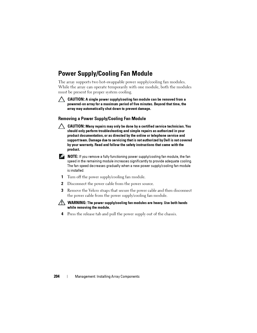 Dell MD3200, MD3220 owner manual Removing a Power Supply/Cooling Fan Module, 204 