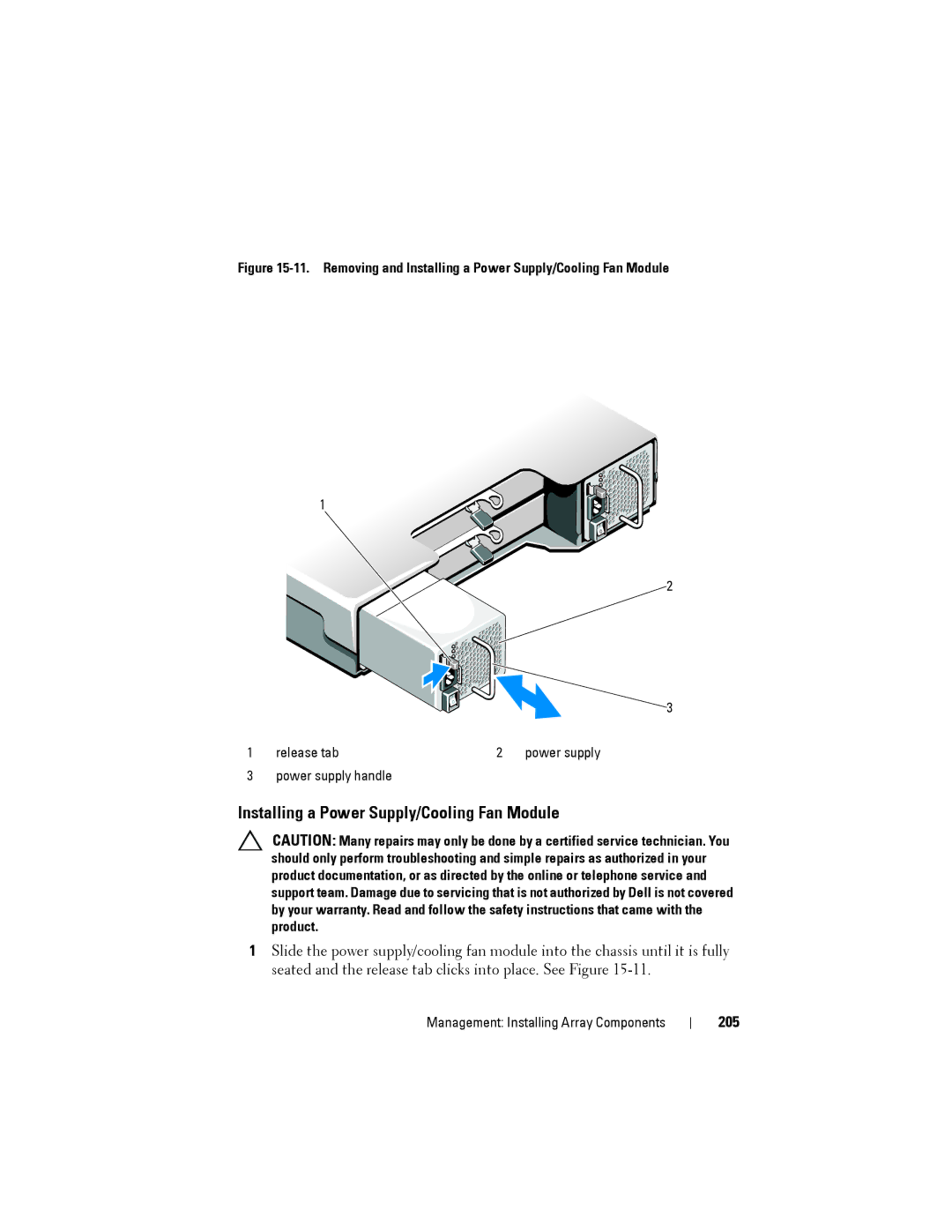 Dell MD3220, MD3200 owner manual Installing a Power Supply/Cooling Fan Module, 205 