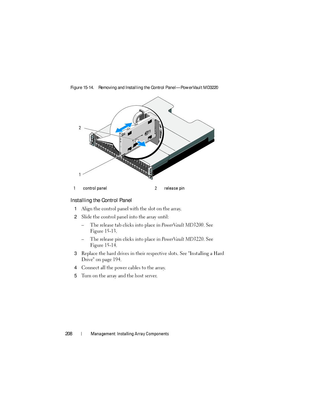 Dell MD3200, MD3220 owner manual Installing the Control Panel, 208 