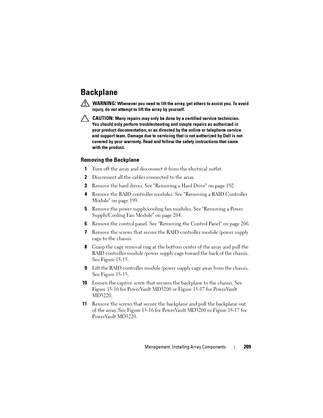 Dell MD3220, MD3200 owner manual Removing the Backplane, 209 