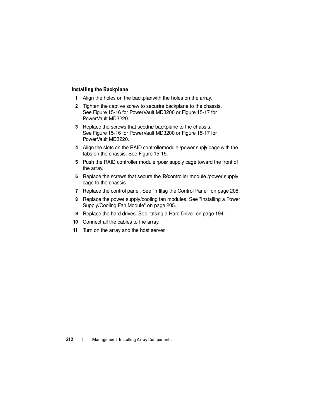 Dell MD3200, MD3220 owner manual Installing the Backplane, 212 