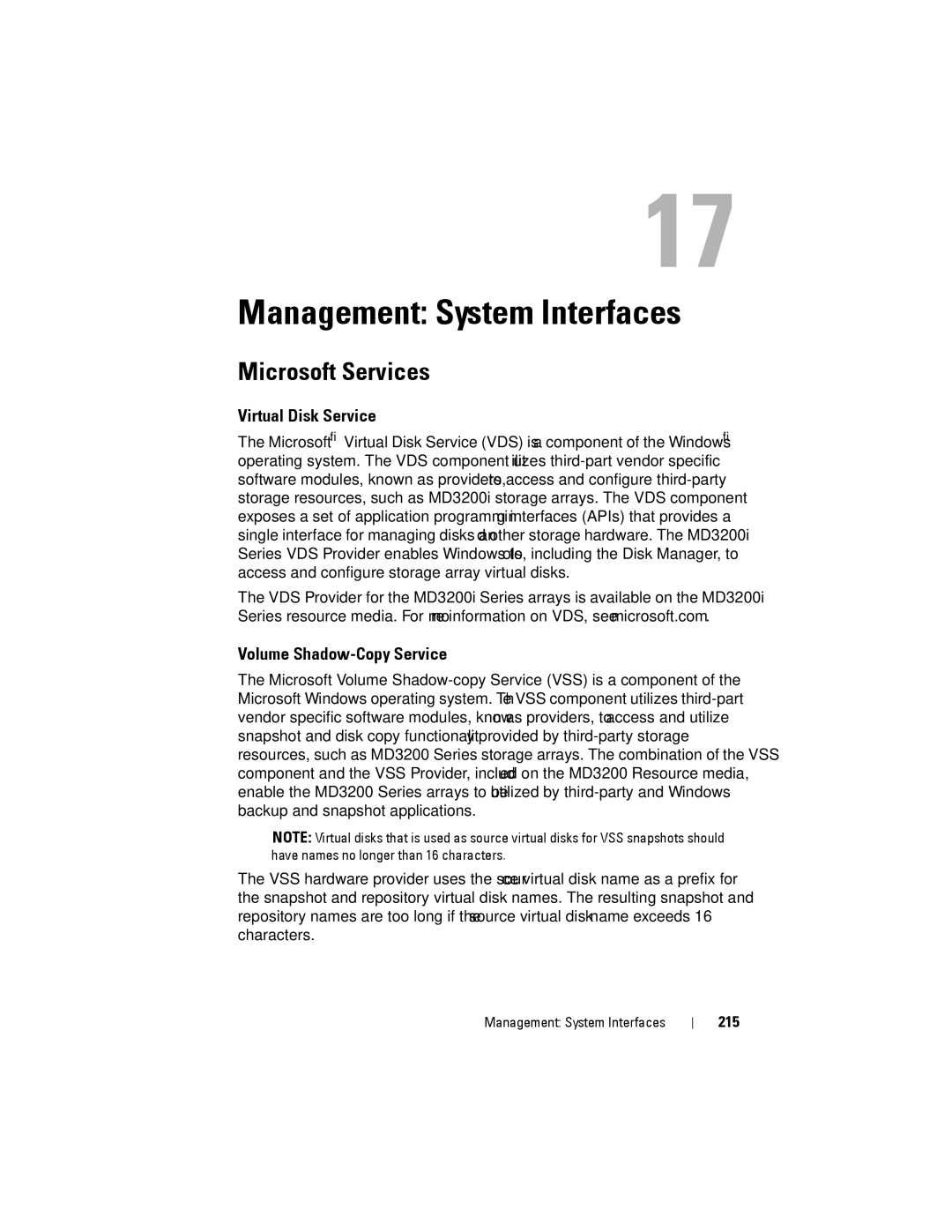 Dell MD3220 Management System Interfaces, Microsoft Services, Virtual Disk Service, Volume Shadow-Copy Service, 215 