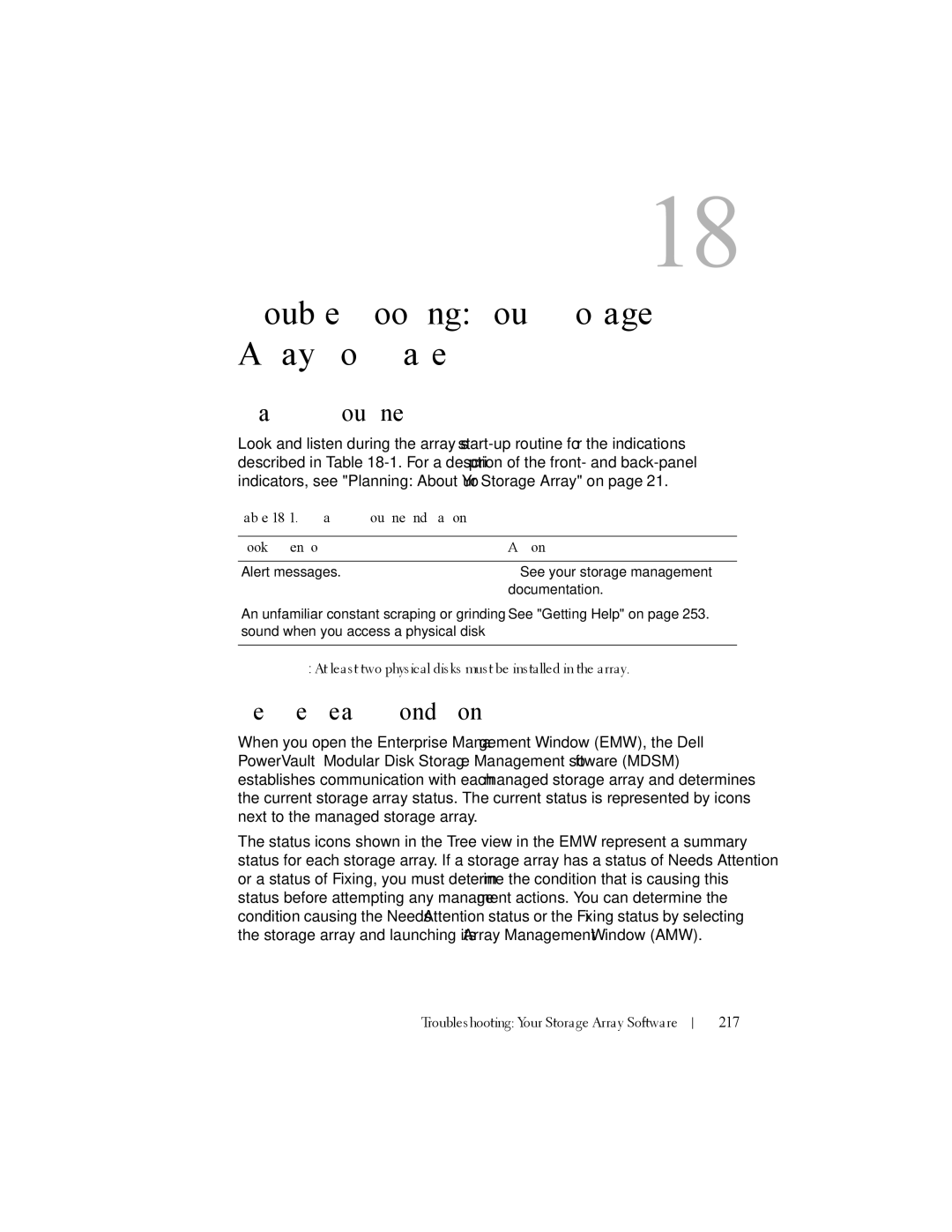 Dell MD3220, MD3200 Troubleshooting Your Storage Array Software, Start-Up Routine, Device Health Conditions, 217 