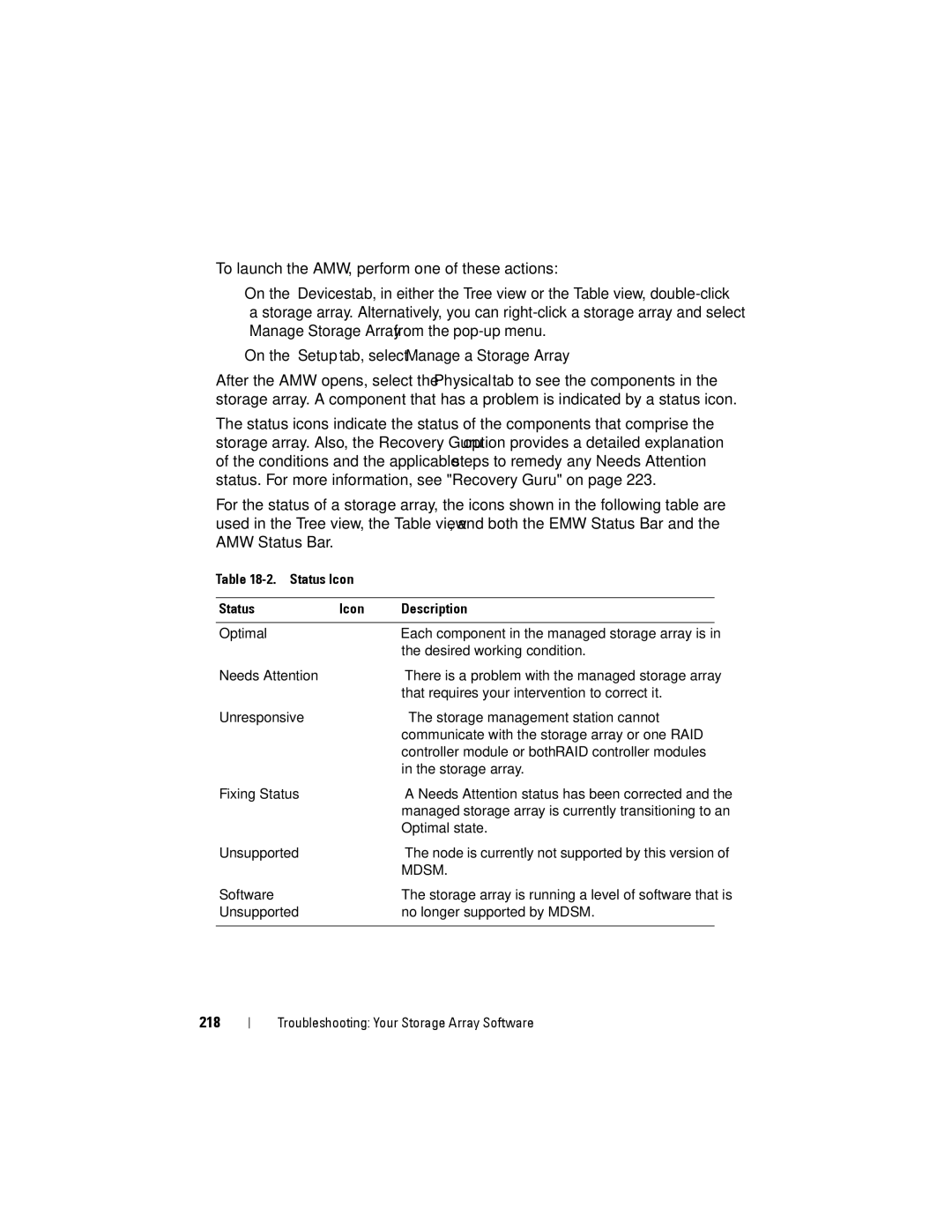 Dell MD3200, MD3220 owner manual On the Setup tab, select Manage a Storage Array, 218, Status Icon Description 