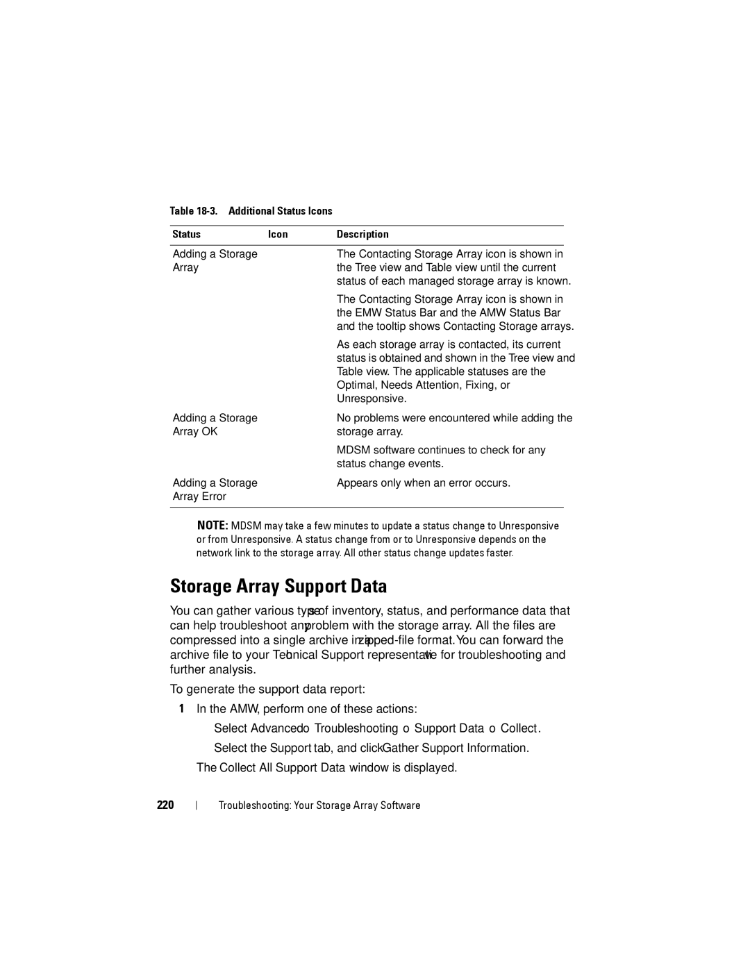 Dell MD3200, MD3220 owner manual Storage Array Support Data 