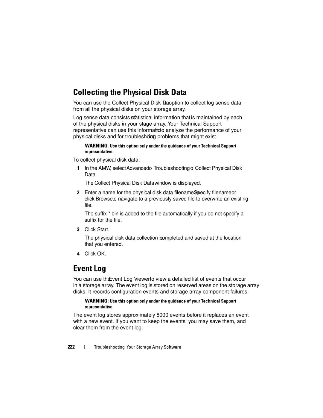 Dell MD3200, MD3220 owner manual Collecting the Physical Disk Data, Event Log, 222 