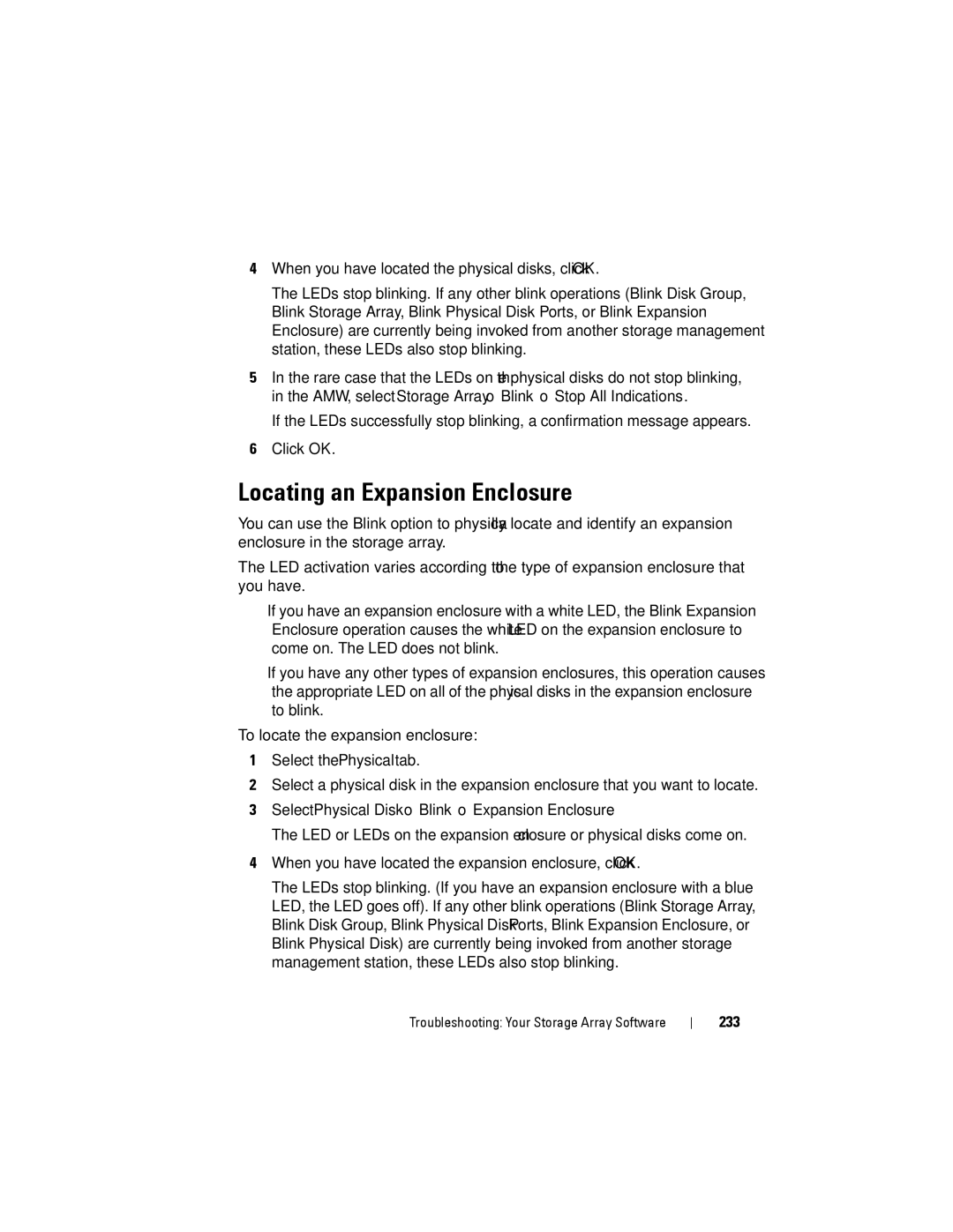 Dell MD3220, MD3200 owner manual Locating an Expansion Enclosure, Select Physical Disk→ Blink→ Expansion Enclosure, 233 