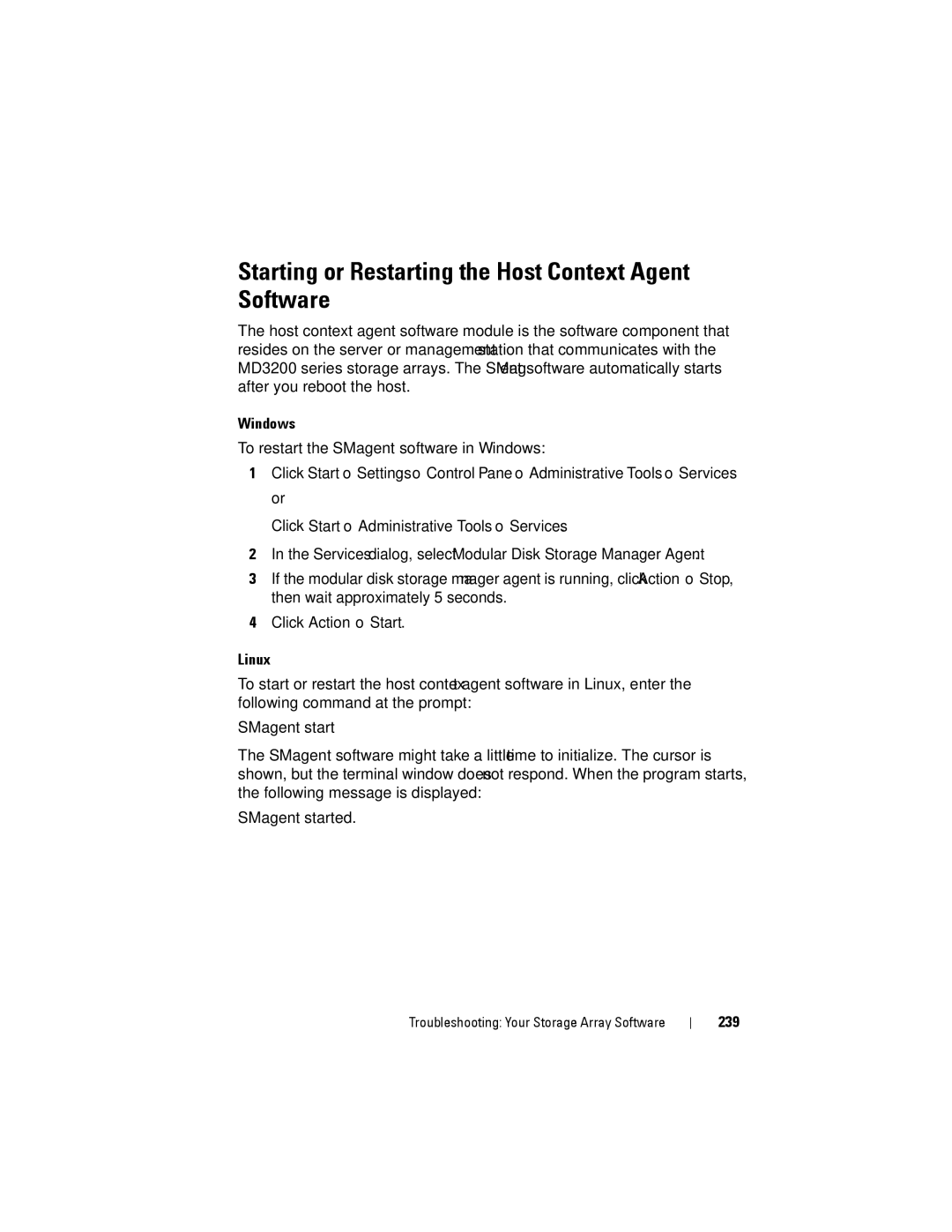 Dell MD3220, MD3200 owner manual Starting or Restarting the Host Context Agent Software, 239 