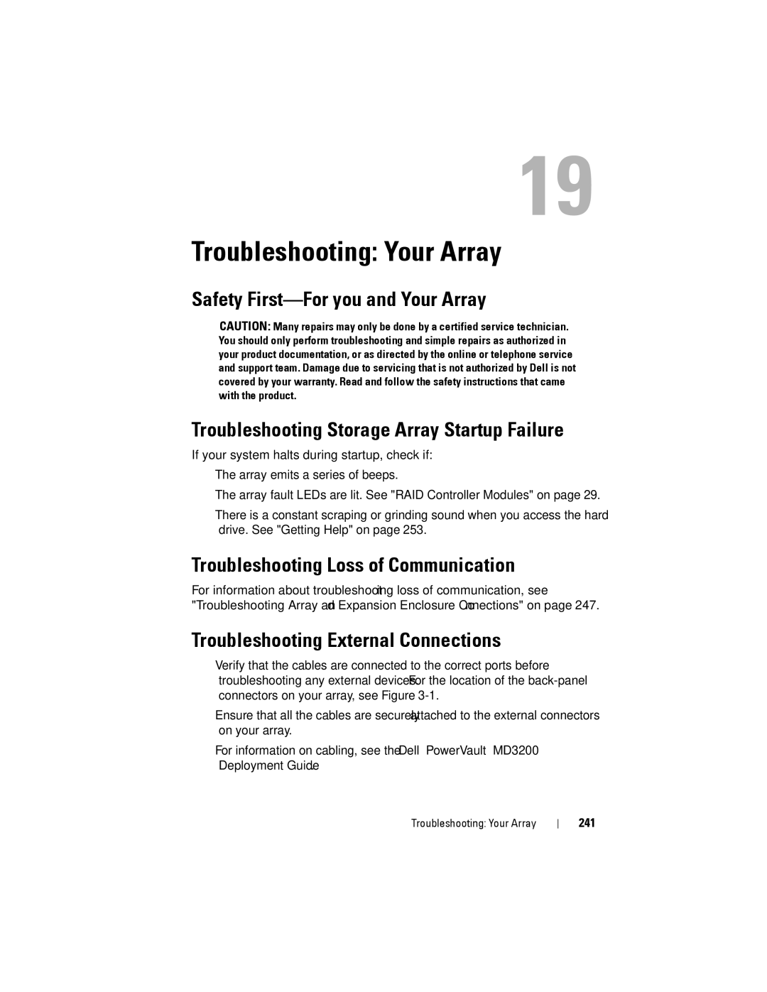 Dell MD3220 Troubleshooting Your Array, Troubleshooting Loss of Communication, Troubleshooting External Connections, 241 