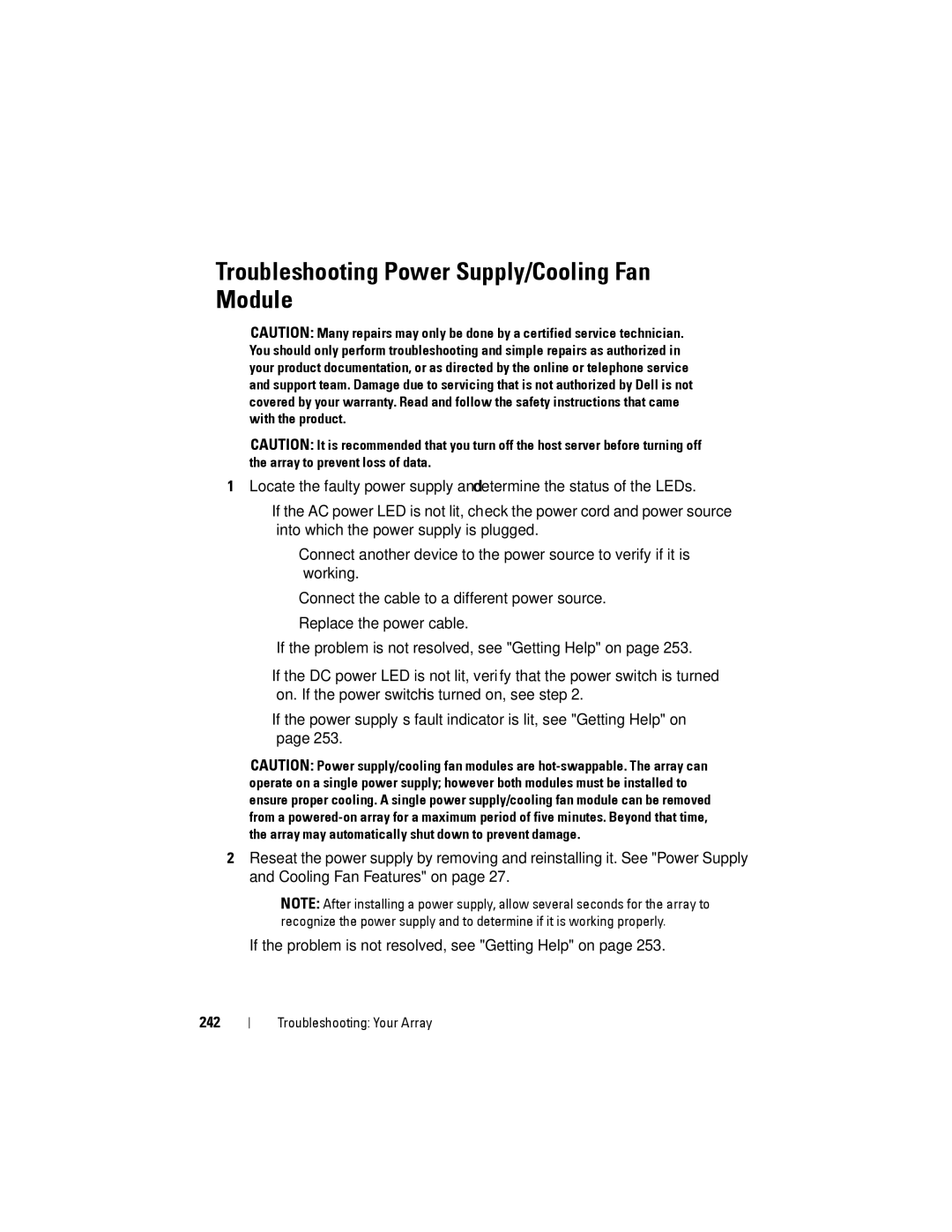 Dell MD3200, MD3220 owner manual Troubleshooting Power Supply/Cooling Fan Module, 242 