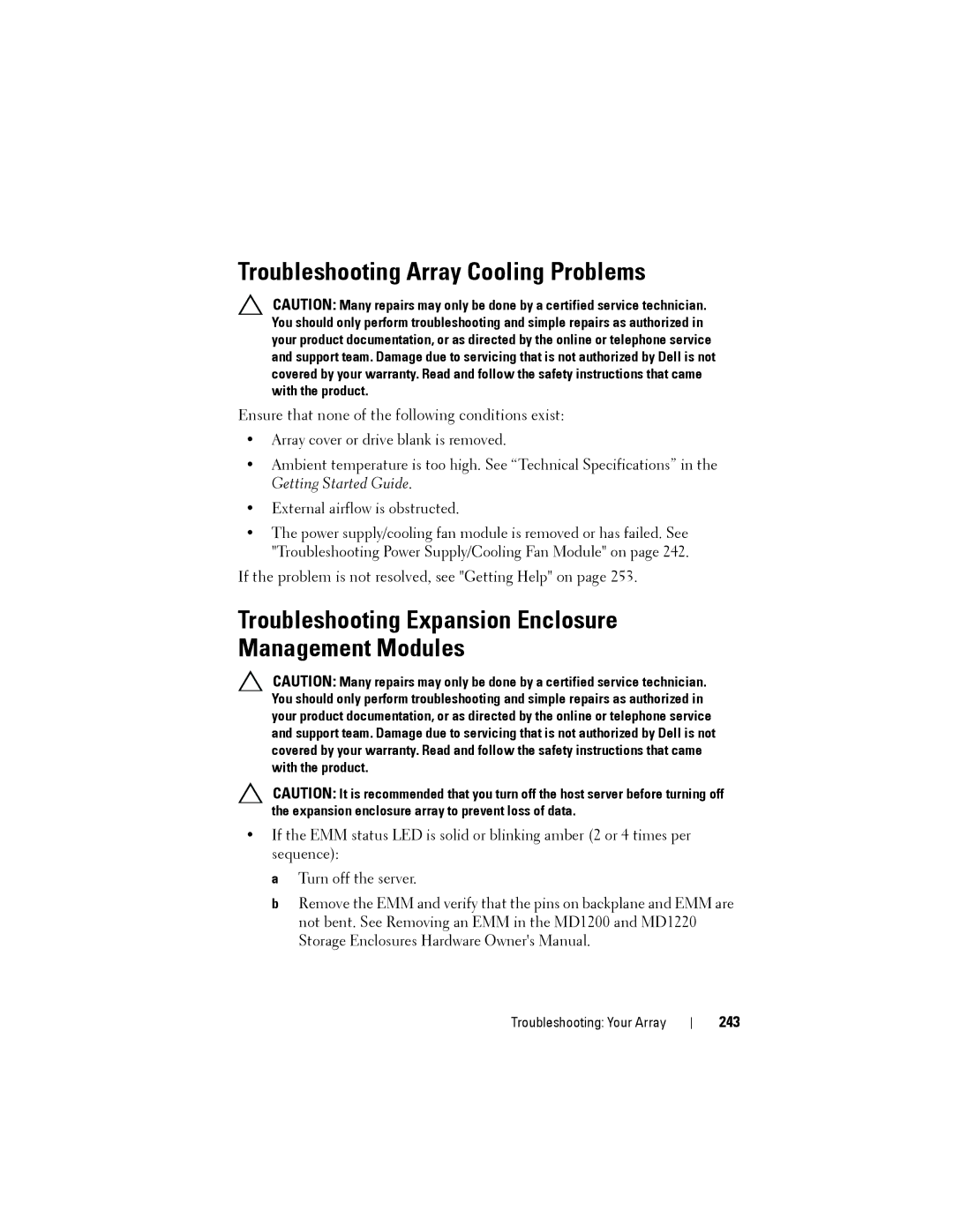 Dell MD3220, MD3200 Troubleshooting Array Cooling Problems, Troubleshooting Expansion Enclosure Management Modules, 243 