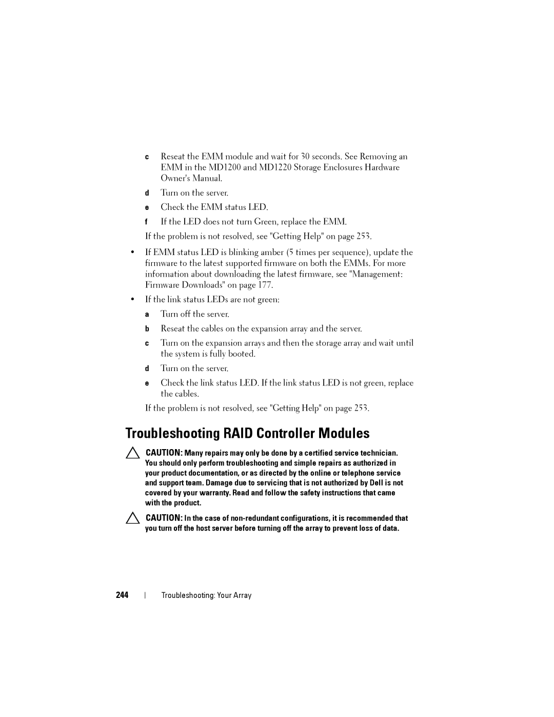 Dell MD3200, MD3220 owner manual Troubleshooting RAID Controller Modules, 244 