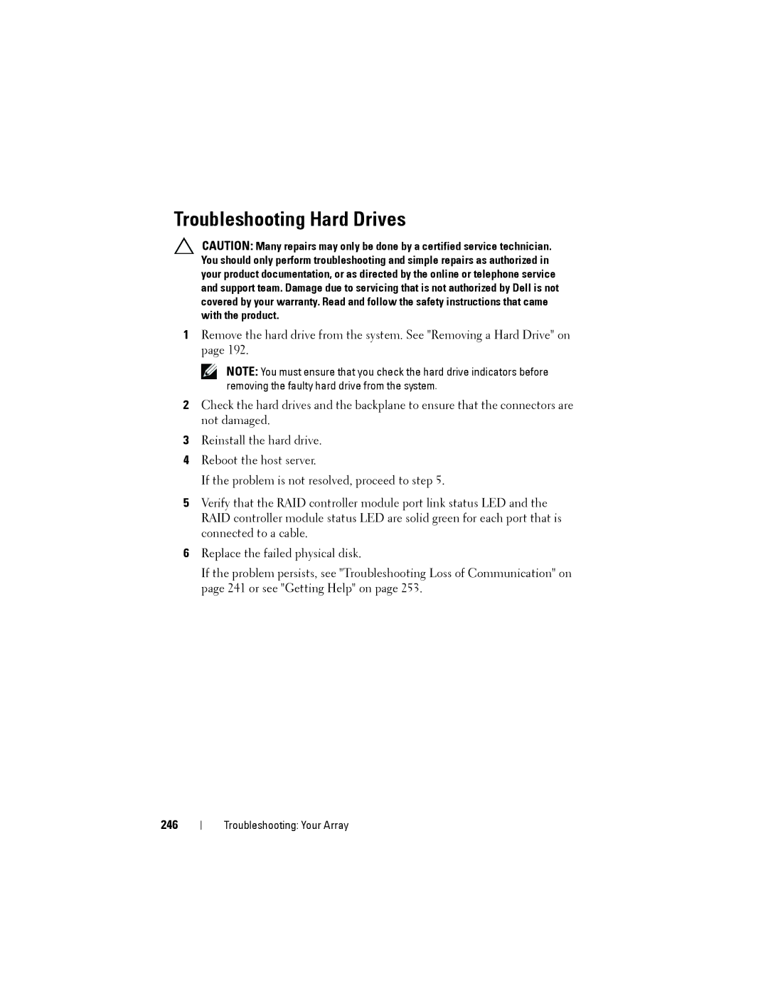 Dell MD3200, MD3220 owner manual Troubleshooting Hard Drives, 246 