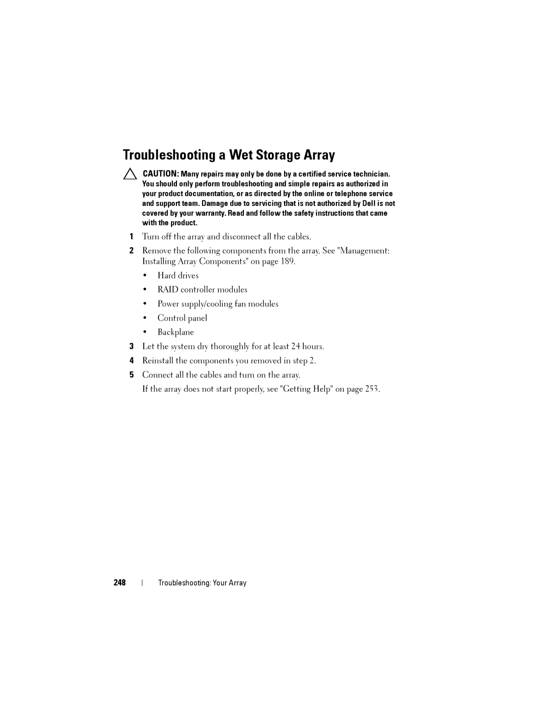 Dell MD3200, MD3220 owner manual Troubleshooting a Wet Storage Array, 248 