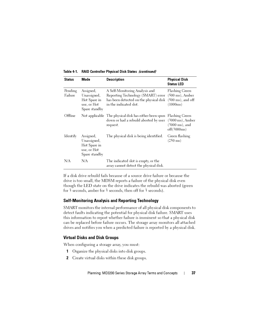 Dell MD3220, MD3200 owner manual Self-Monitoring Analysis and Reporting Technology, Virtual Disks and Disk Groups 