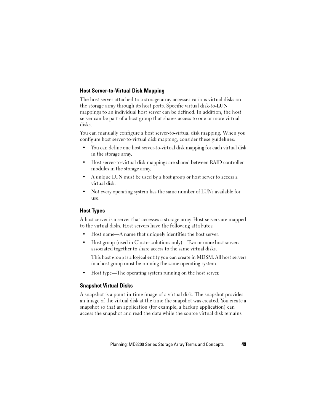 Dell MD3220, MD3200 owner manual Host Server-to-Virtual Disk Mapping, Host Types, Snapshot Virtual Disks 