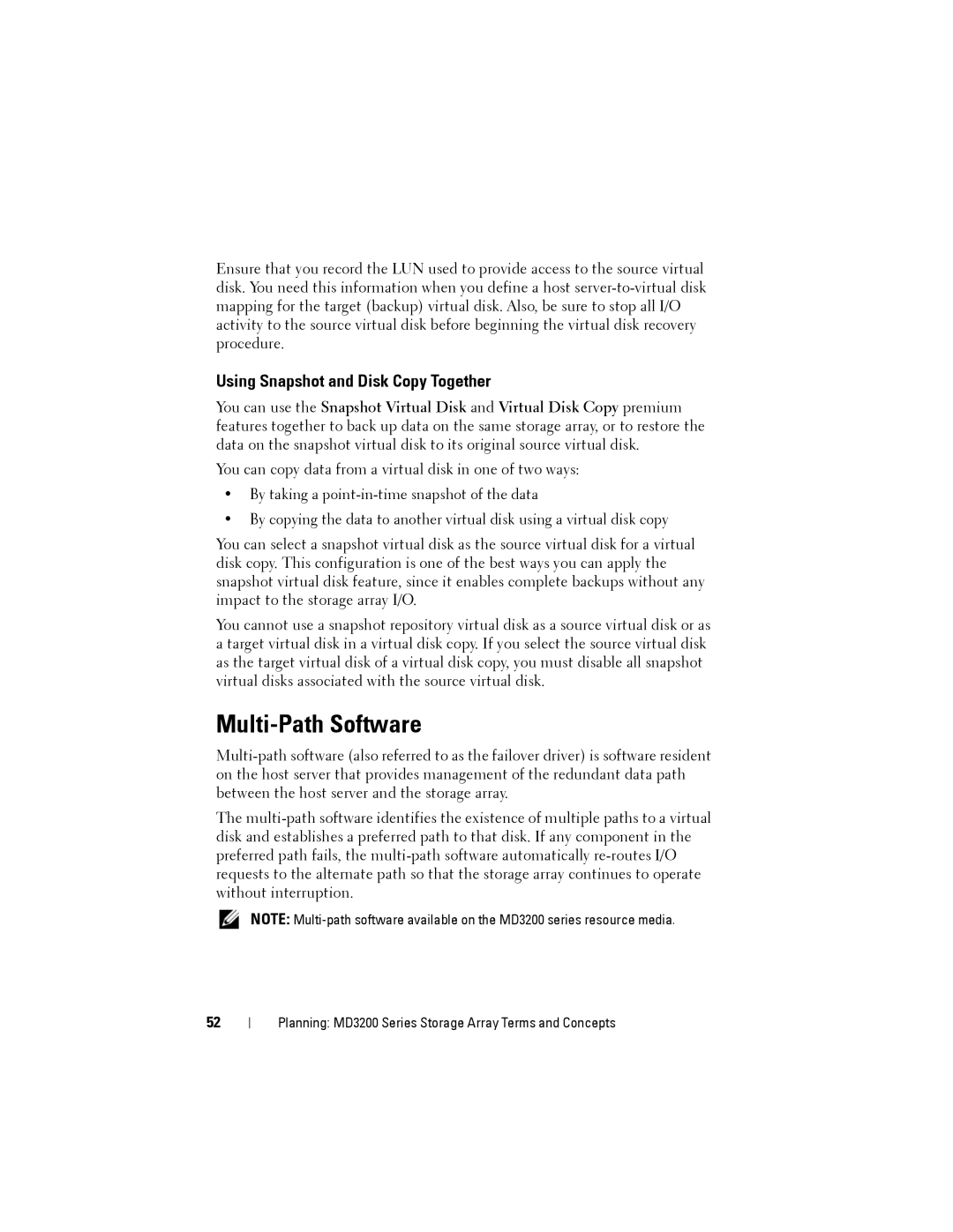 Dell MD3200, MD3220 owner manual Multi-Path Software, Using Snapshot and Disk Copy Together 