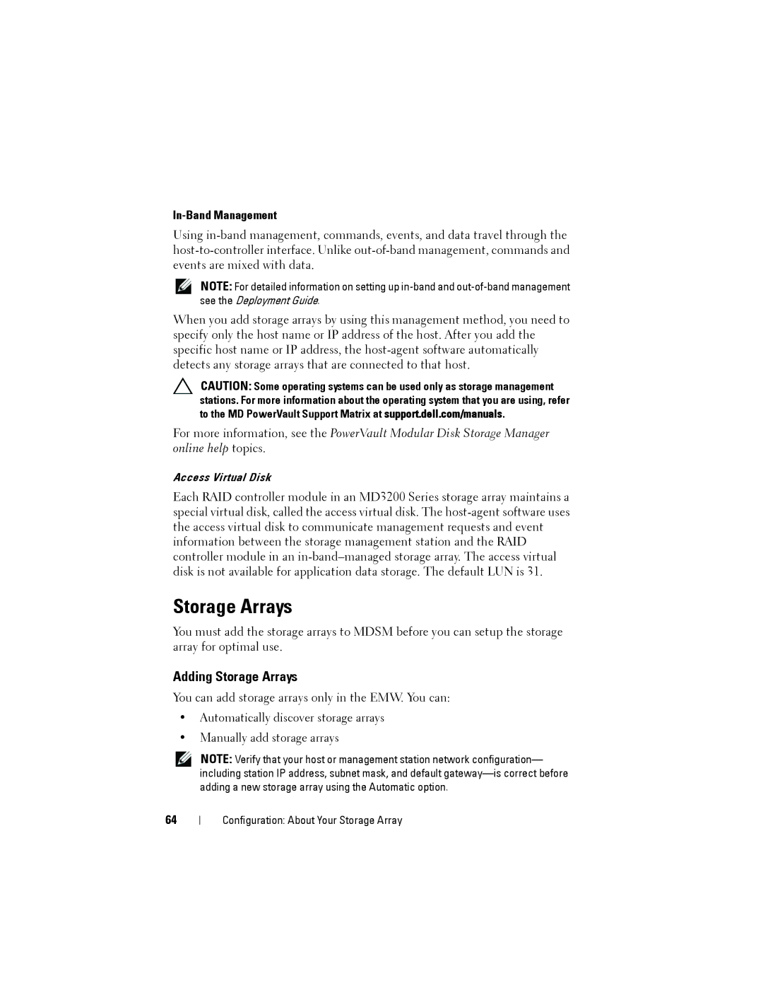 Dell MD3200, MD3220 owner manual Adding Storage Arrays, In-Band Management 