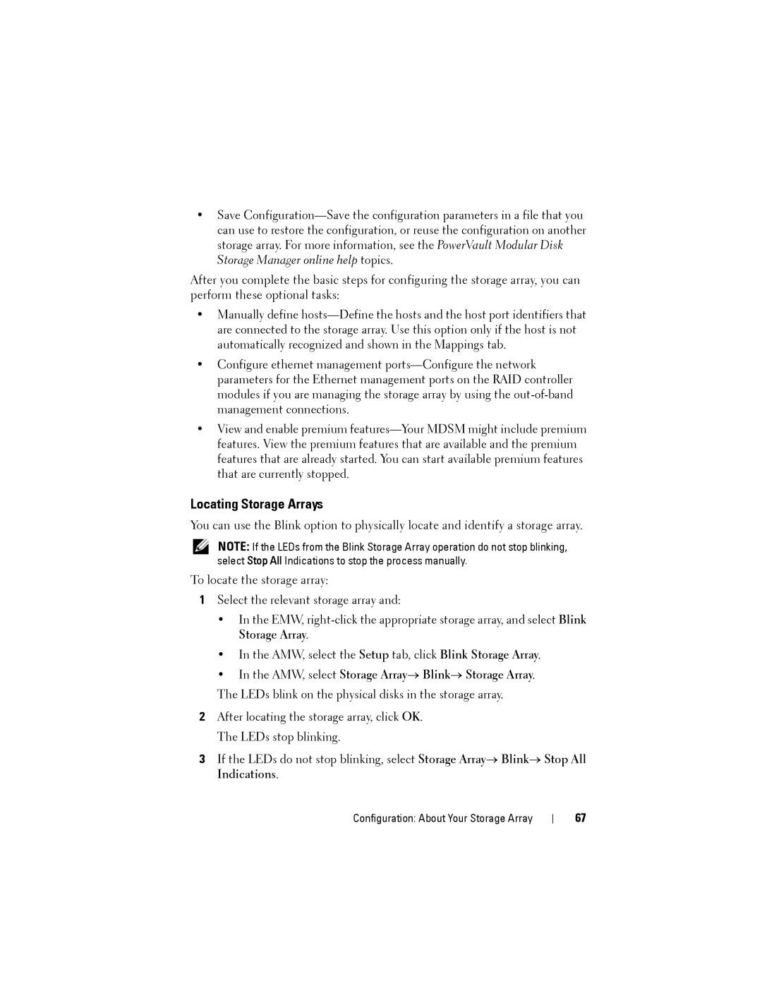 Dell MD3220, MD3200 owner manual Locating Storage Arrays, AMW, select Storage Array→ Blink→ Storage Array 