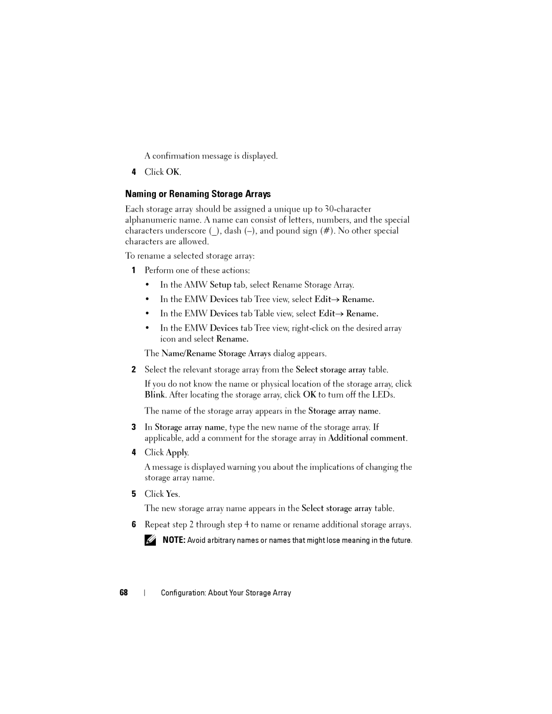 Dell MD3200, MD3220 owner manual Naming or Renaming Storage Arrays, Name/Rename Storage Arrays dialog appears 