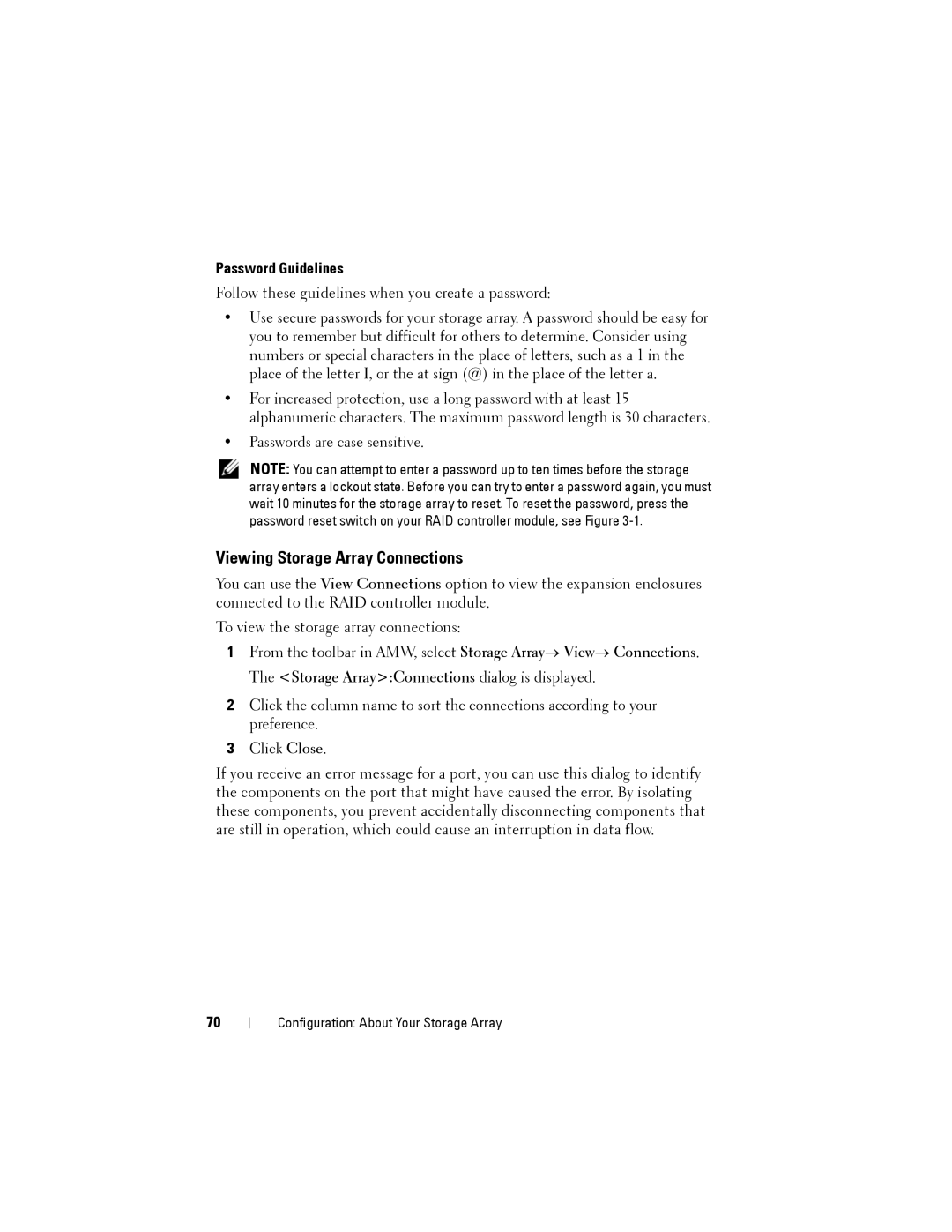 Dell MD3200, MD3220 owner manual Viewing Storage Array Connections, Password Guidelines 