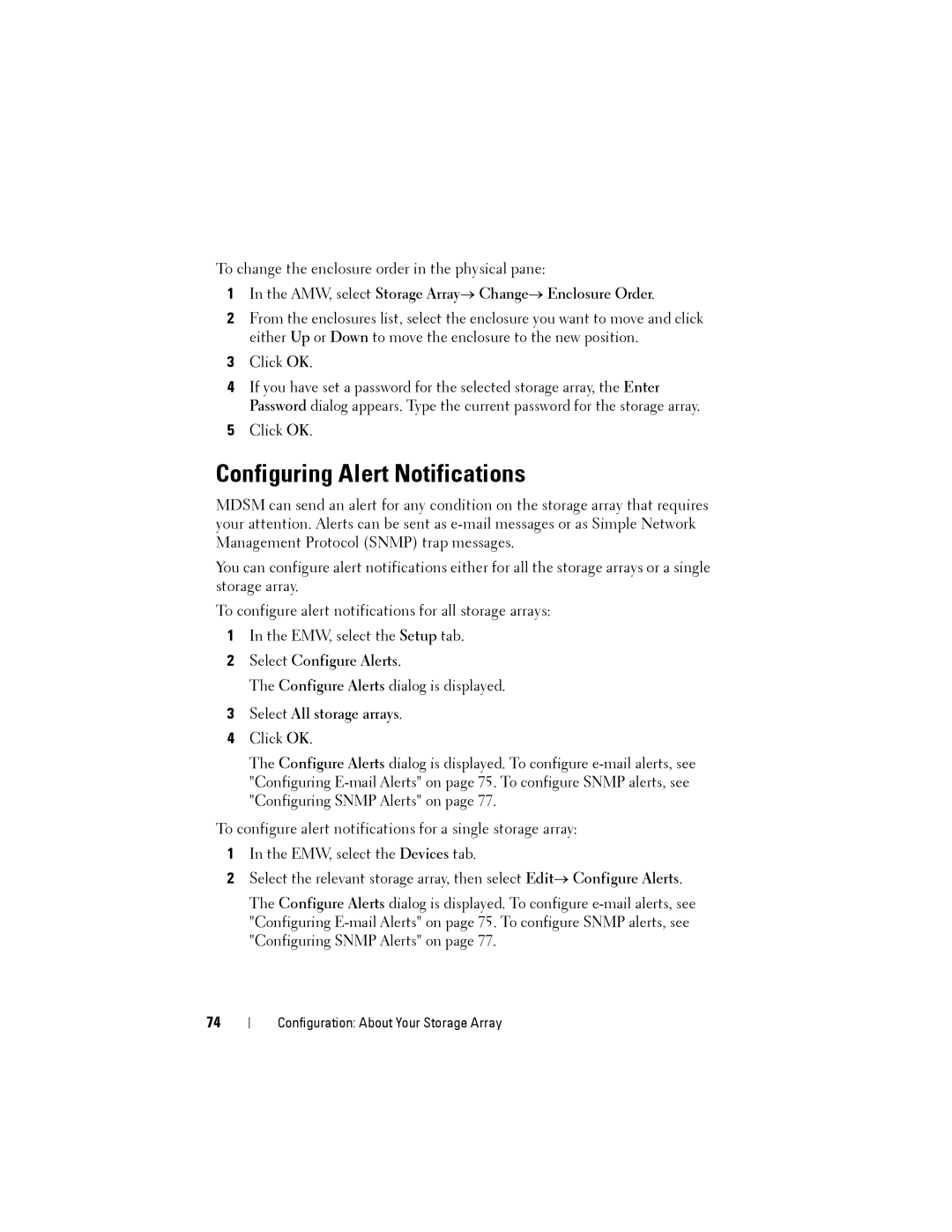 Dell MD3200 Configuring Alert Notifications, AMW, select Storage Array→ Change→ Enclosure Order, Select Configure Alerts 