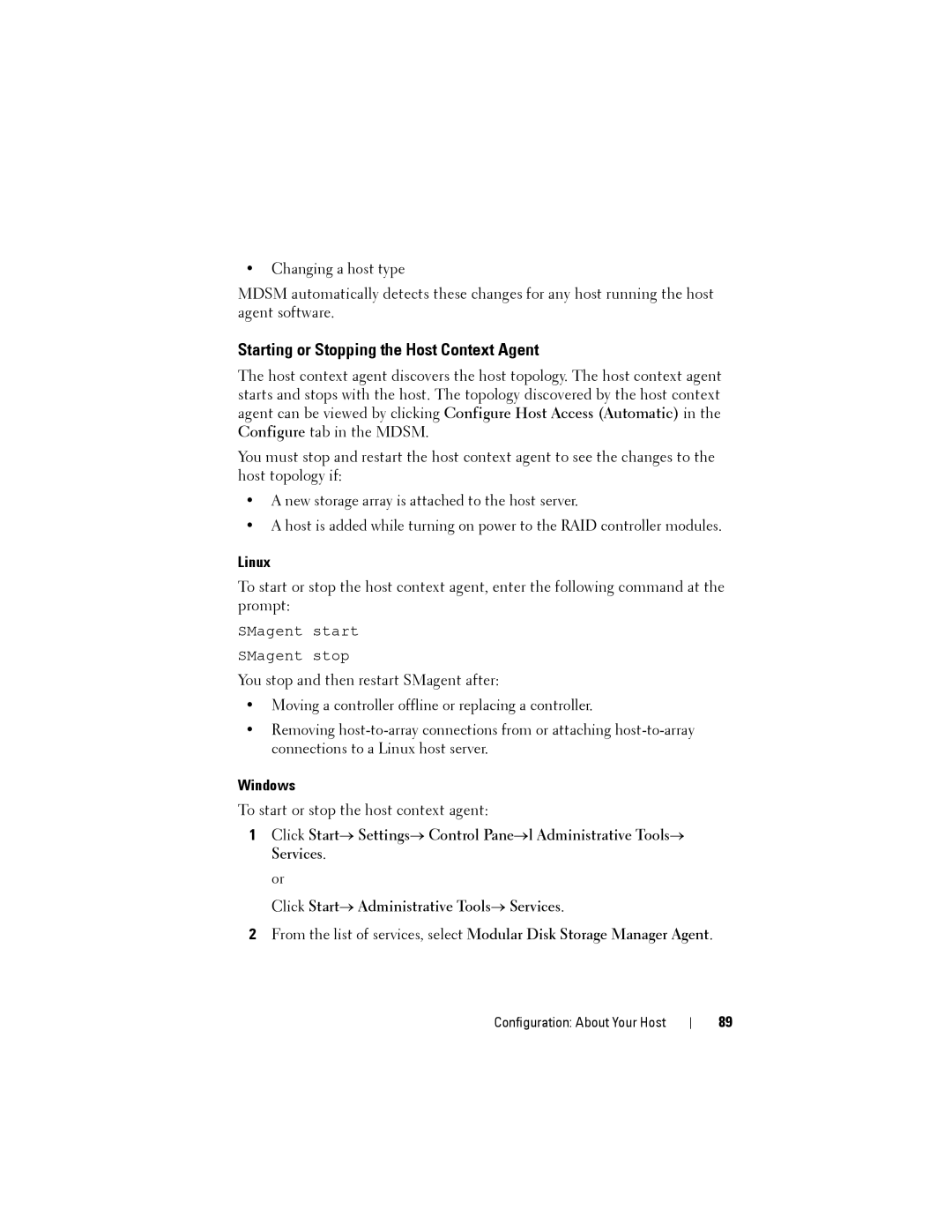Dell MD3220, MD3200 owner manual Starting or Stopping the Host Context Agent, Linux, Windows 