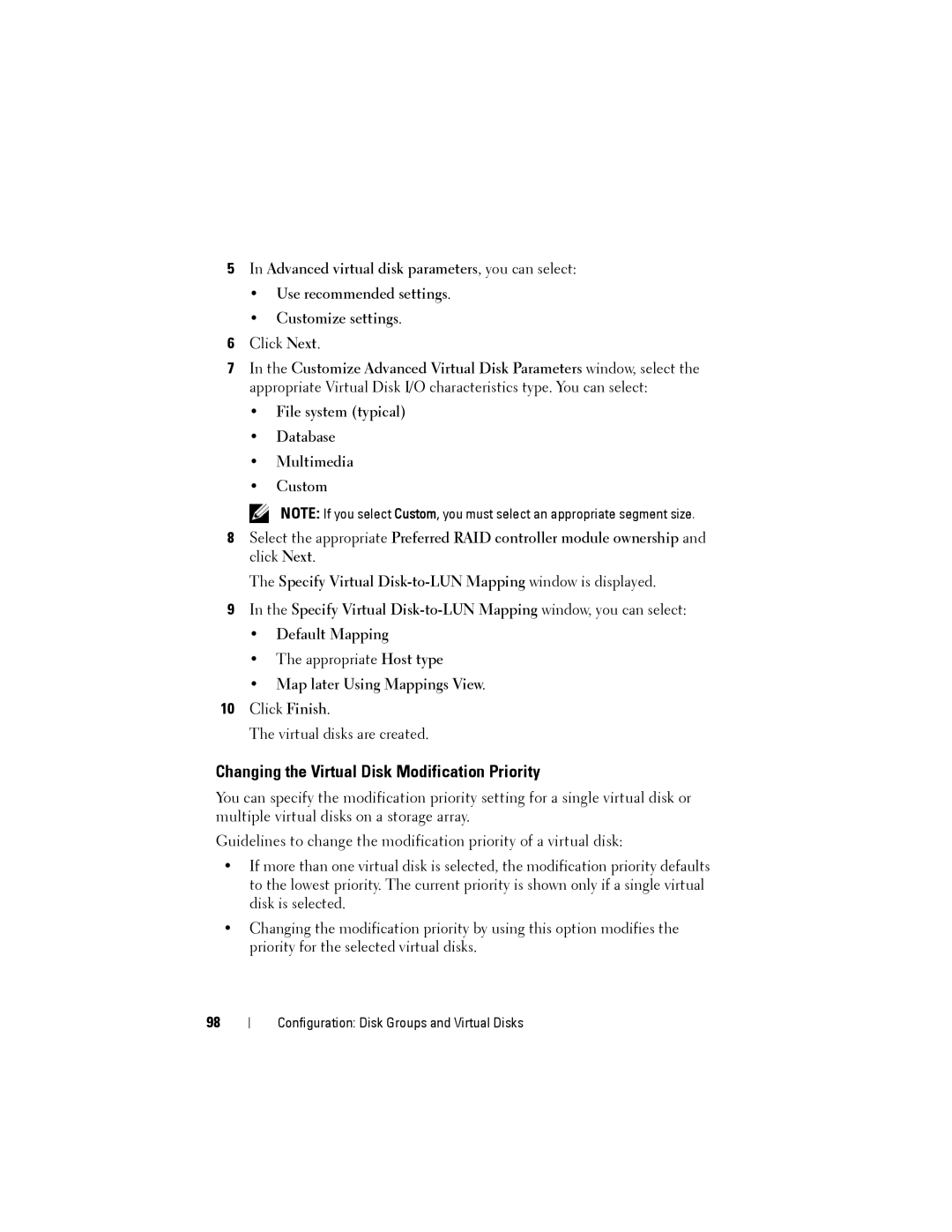 Dell MD3200, MD3220 owner manual Changing the Virtual Disk Modification Priority, Map later Using Mappings View 