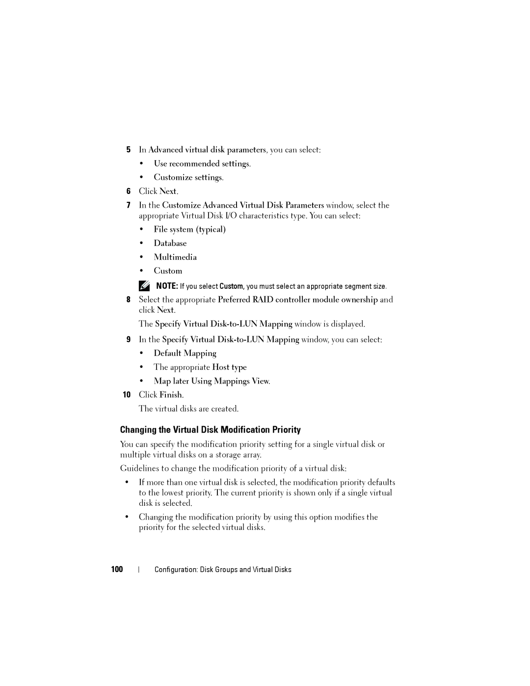 Dell MD3200, MD3220 owner manual Changing the Virtual Disk Modification Priority, Map later Using Mappings View, 100 