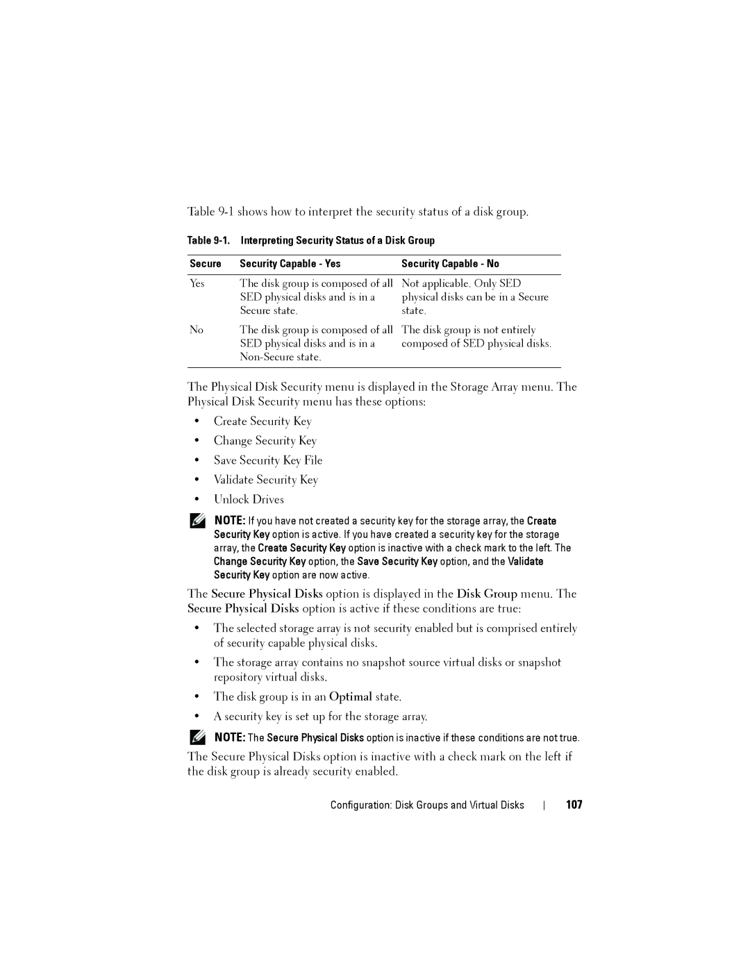 Dell MD3220, MD3200 owner manual Shows how to interpret the security status of a disk group, 107 